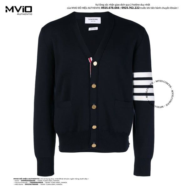  Khoác Cardigan Thom Browne Xanh Navy Tay Viền Trắng Khuy Vàng MKC171A-00219 415 