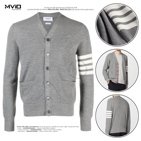 Cardigan Thom Browne Xám Tay Viền Trắng MKC484AY1014 055