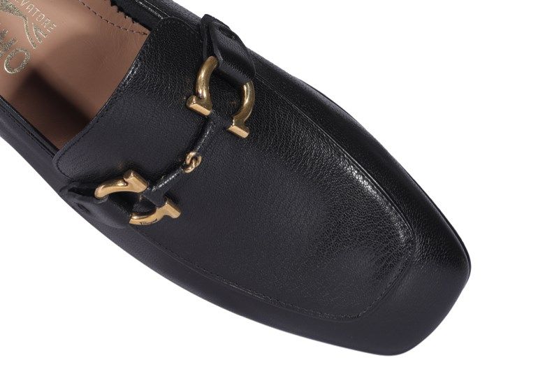  Loafer Salvatore Đen Da Sần Mũi Vuông Khoá Vàng Ln-Eee 