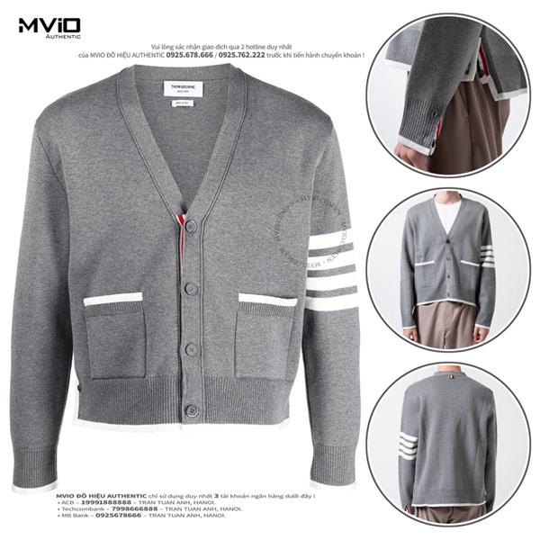 Cardigan Thom Browne Xám Viền Trắng Dệt Kim MKC460AY3006 055