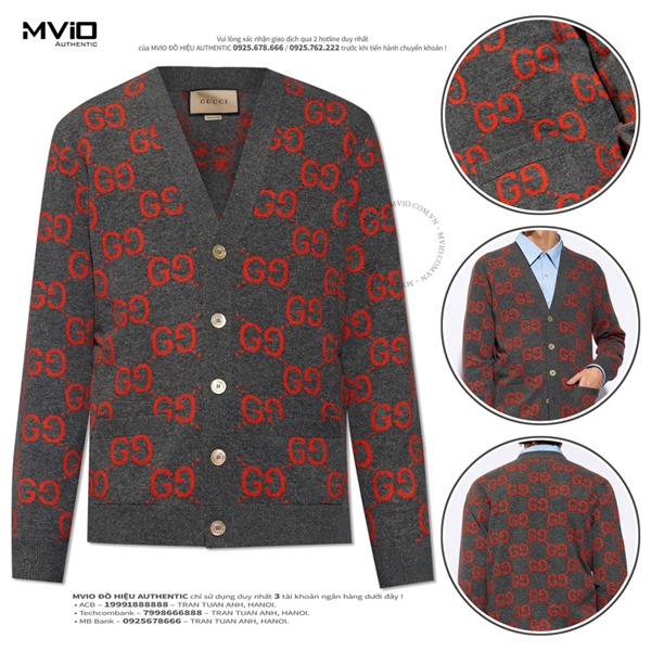 Khoác Cardigan Gucci Xám Logo GG Cam 694758 XKCC51129