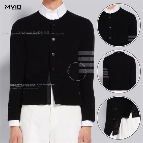 Khoác Cardigan Thom Browne Đen Cashmere Tay Viền Xám MKC314B 00011 001