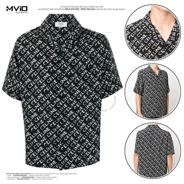  Sơ Mi Celine Đen Cộc Tay Lụa Chữ Trắng 2C946748T 38CE 
