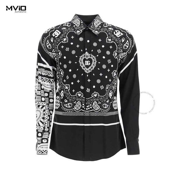  Sơ Mi Dolce Gabbana Đen Hoạ Tiết Trắng Tim Ngực G5JL8T GF102 