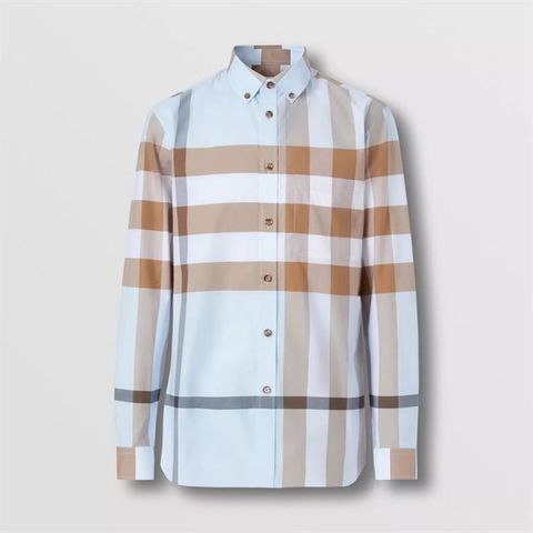  Sơ Mi Burberry Dài Tay Xanh Nhạt Kẻ Nâu 80586781 