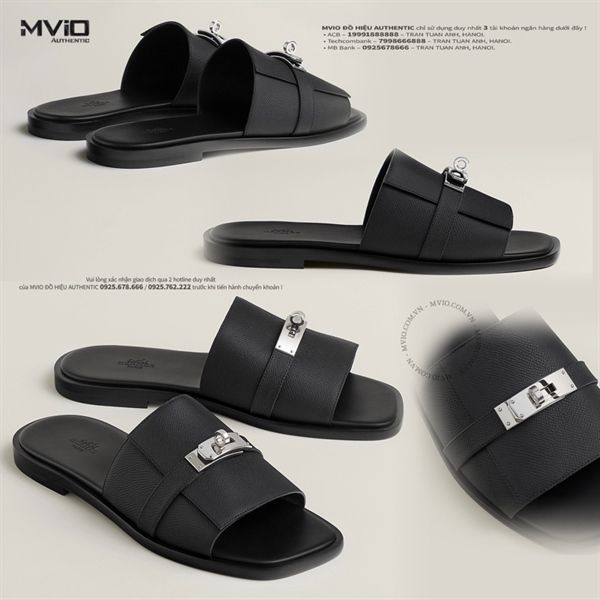  Dép Hermes Gabriel Đen Epsom Khoá Sliver H242910ZH03420 