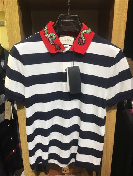  Polo Gucci Kẻ Navy Trắng Cổ Đỏ Ong Rắn 