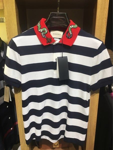  Polo Gucci Kẻ Navy Trắng Cổ Đỏ Ong Rắn 