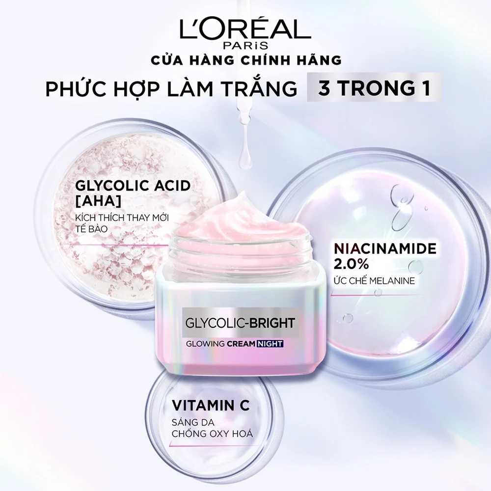  Kem Dưỡng L'Oreal Paris Glycolic-Bright 50ml - Mờ Thâm Nám, Sáng Da Ban Ngày SPF 17 / Ban Đêm 