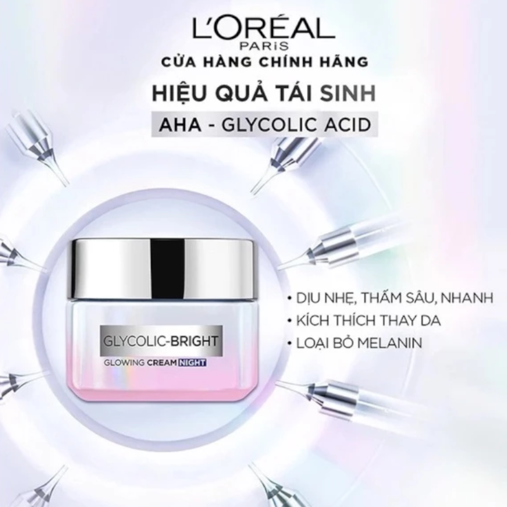 Kem Dưỡng L'Oreal Paris Glycolic-Bright 50ml - Mờ Thâm Nám, Sáng Da Ban Ngày SPF 17 / Ban Đêm 