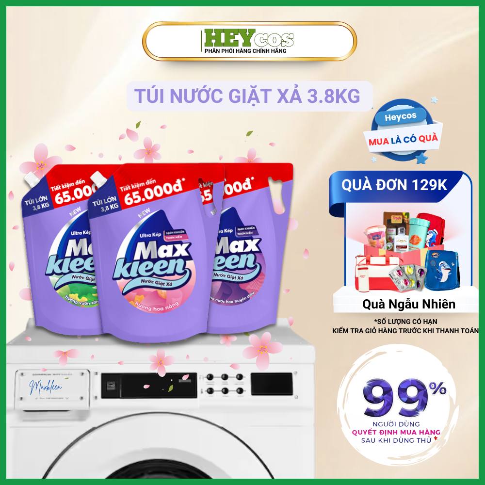 [HOẢ TỐC] Túi Nước Giặt Xả MaxKleen 3.8kg Hương Nước hoa huyền diệu/ Hoa nắng/ Vườn sớm mai | HEYCOS