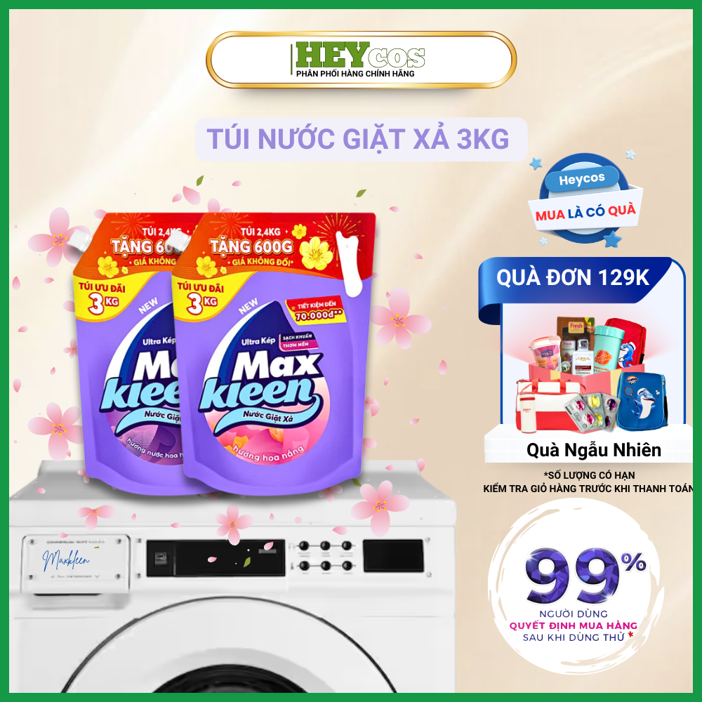 [TĂNG DUNG TÍCH, GIÁ KHÔNG ĐỔI] Túi Nước Giặt Xả MaxKleen 3kg Hương Nước Hoa Huyền Diệu/ Hoa Nắng | HEYCOS