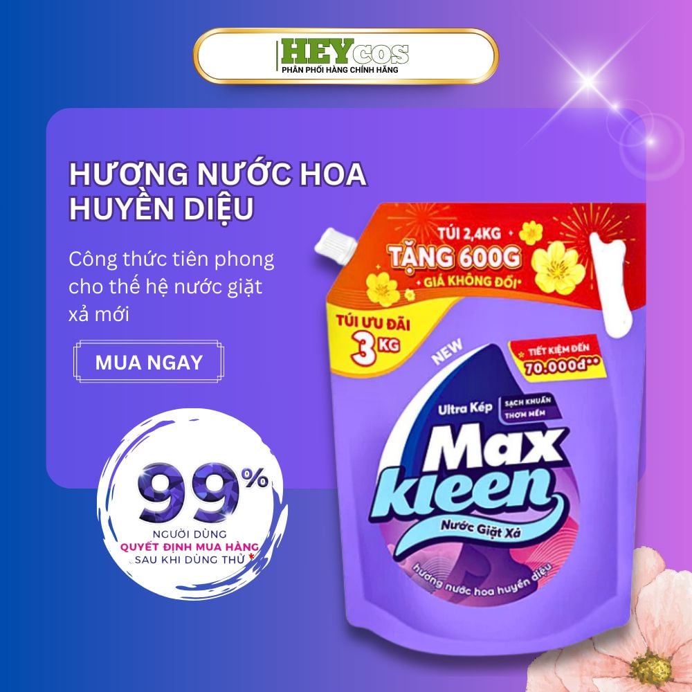  [Túi Nước Giặt Xả MaxKleen 3kg Hương Nước Hoa Huyền Diệu/ Hoa Nắng | HEYCOS 