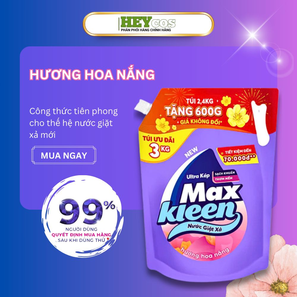  [Túi Nước Giặt Xả MaxKleen 3kg Hương Nước Hoa Huyền Diệu/ Hoa Nắng | HEYCOS 