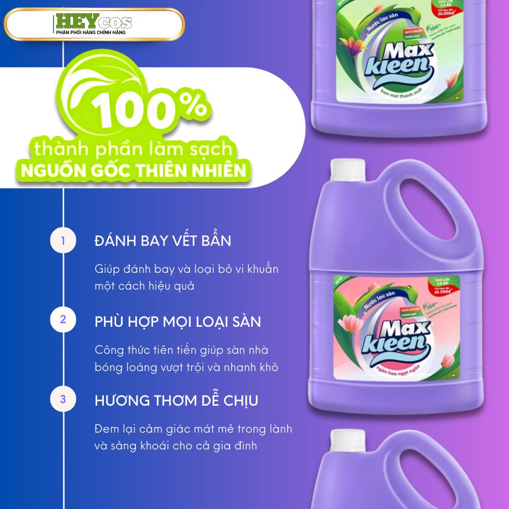  Chai Nước Lau Sàn MaxKleen 3.6kg - Sạch Khuẩn, Thơm Mát Lâu | HEYCOS 