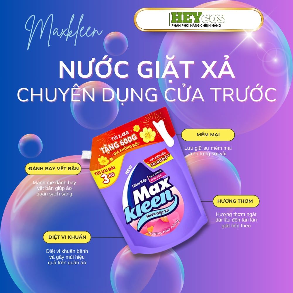  [Túi Nước Giặt Xả MaxKleen 3kg Hương Nước Hoa Huyền Diệu/ Hoa Nắng | HEYCOS 
