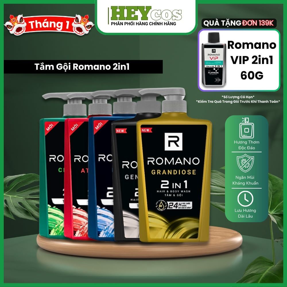 Tắm gội 2 trong 1 hương nước hoa Romano 2in1 650g/180g | HEYCOS