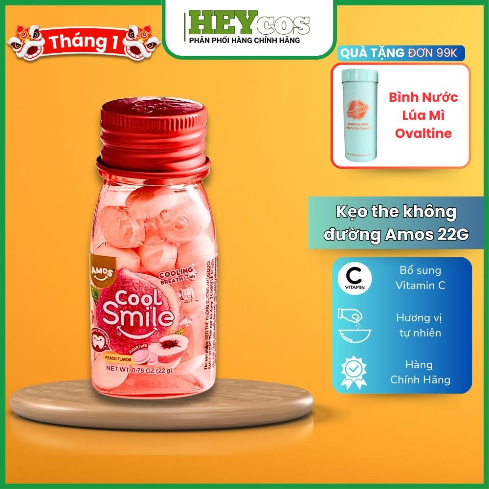 [DATE T10/2025] Kẹo the không đường Amos Cool Smile Vị Đào 22g (đơn vị:hộp)