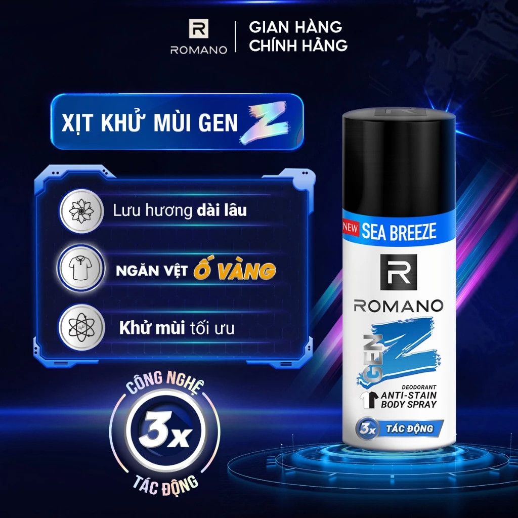  [TĂNG 40% DUNG TÍCH] Xịt khử mùi cho nam ngăn vệt ố vàng Romano Gen Z 182ml 