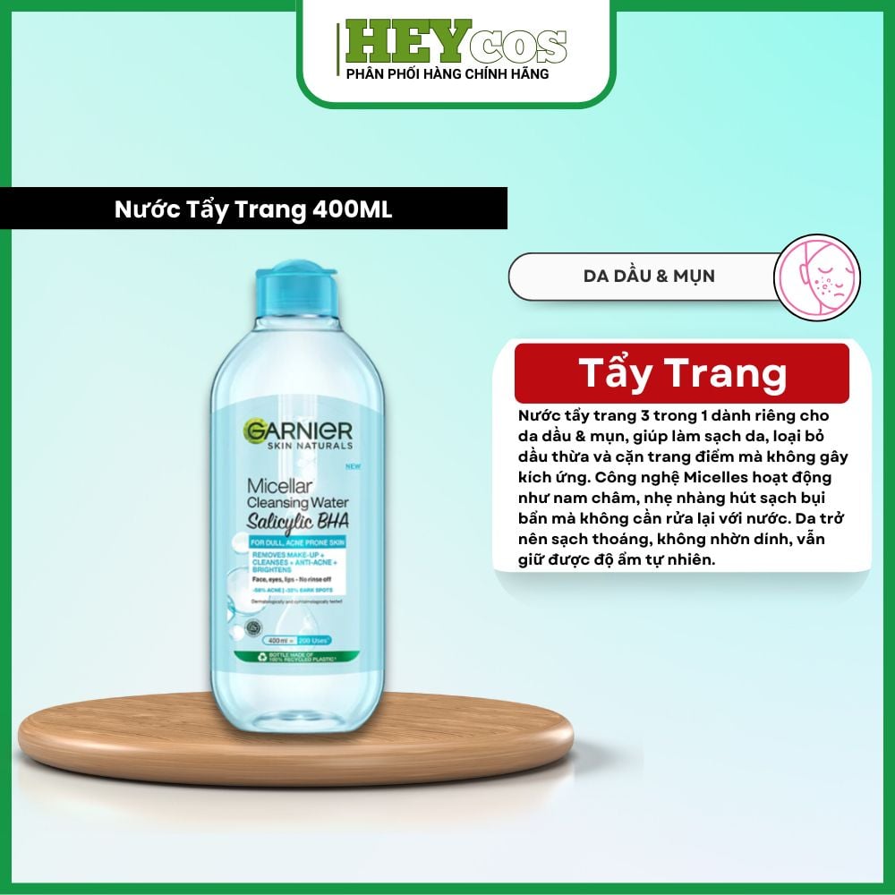  Nước Tẩy Trang Làm Sạch Sâu Dịu Nhẹ Cho Mọi Loại Da - Garnier Micellar Cleansing Water 400ml|HEYCOS 
