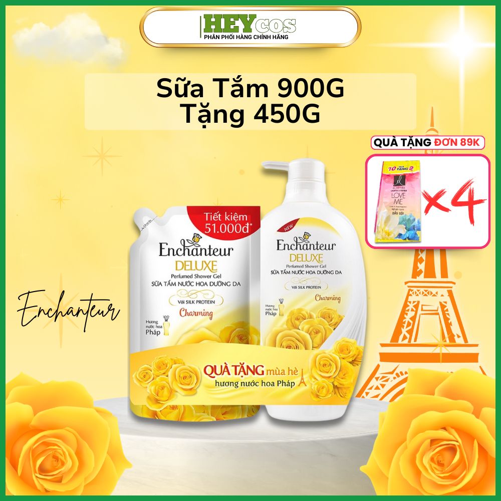 [Mua 1 Tặng 1] Sữa tắm hương nước hoa dưỡng da Enchanteur Charming 900g + Tặng kèm Túi sữa tắm 450g | HEYCOS