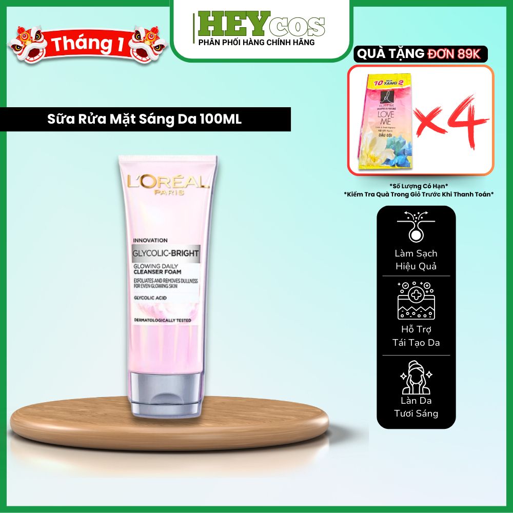 (MẪU MỚI) Sữa rửa mặt sáng da L'Oreal Paris Glycolic (AHA) Bright 100ml