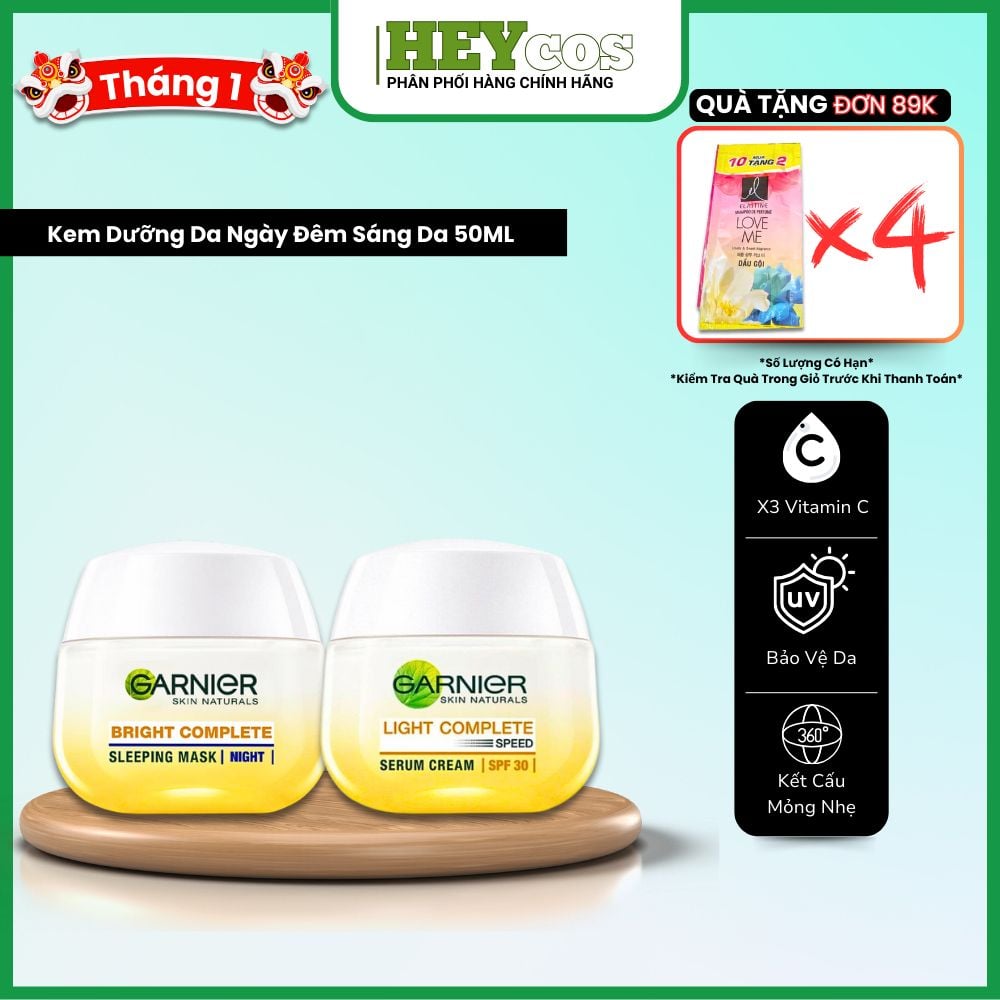 Kem dưỡng da ngày đêm làm sáng và đều màu da Garnier Vitamin C Serum Cream 50ml | HEYCOS