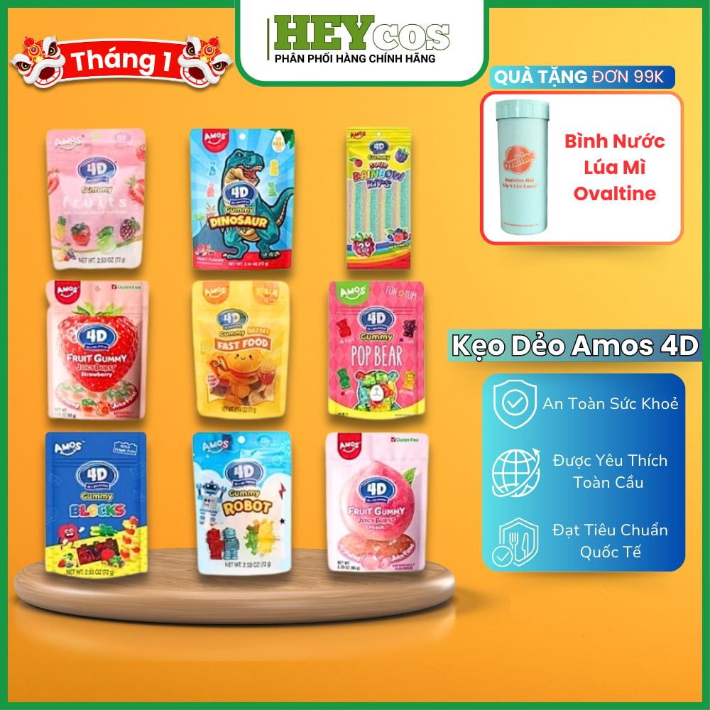 Kẹo Dẻo Amos 4D 72g hình robot, khối ghép, trái cây, thức ăn nhanh, gấu Cocori| HEYCOS