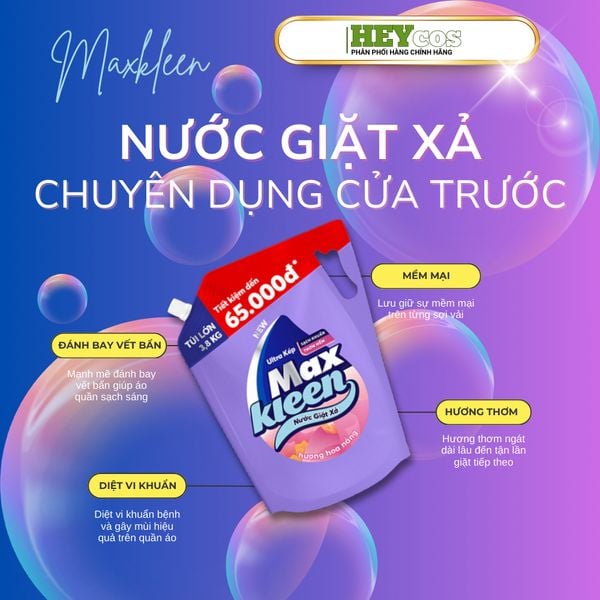  Túi Nước Giặt Xả MaxKleen 3.8kg Hương Nước hoa huyền diệu/ Hoa nắng/ Vườn sớm mai | HEYCOS 