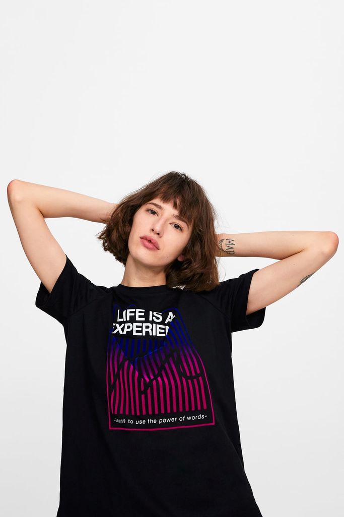T-SHIRT WITH SLOGAN PRINT- Áo Thun Nữ
