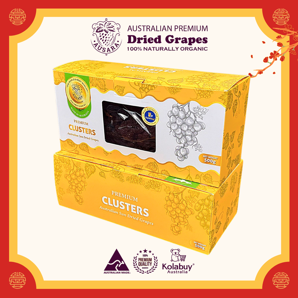 [Vỏ hộp 0,5kg] Package hộp Nho khô nguyên cành Úc cao cấp Ausara Premium 0,5kg