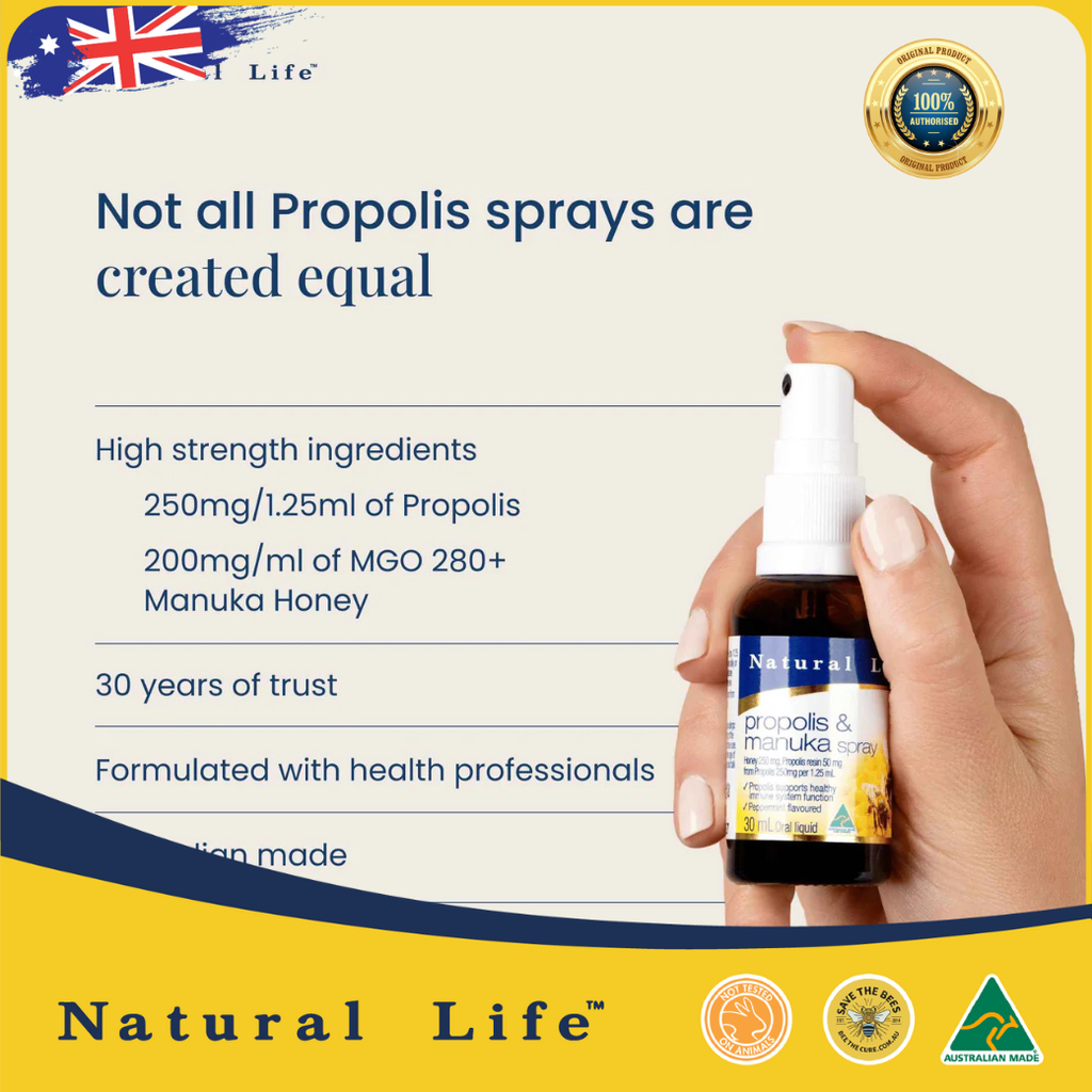 Xịt họng keo ong cao cấp Natural Life Úc Propolis & Manuka Honey Throat spray 30ml