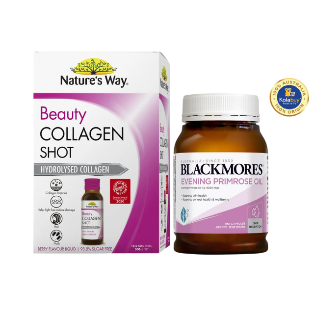 [Special Set] Chăm sóc sức khỏe phái đẹp Tinh dầu Hoa anh thảo Blackmores & Collagen Shot 10 x 50ml Nature's Way (Discount đến 30%)