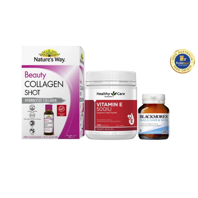 [Special Set] Chăm sóc sức khỏe phái đẹp Hỗ trợ Da, Móng, Tóc Blackmores & Vitamin E Healthy Care & Collagen Shot 10 x 50ml Nature's Way (Discount đến 30%)