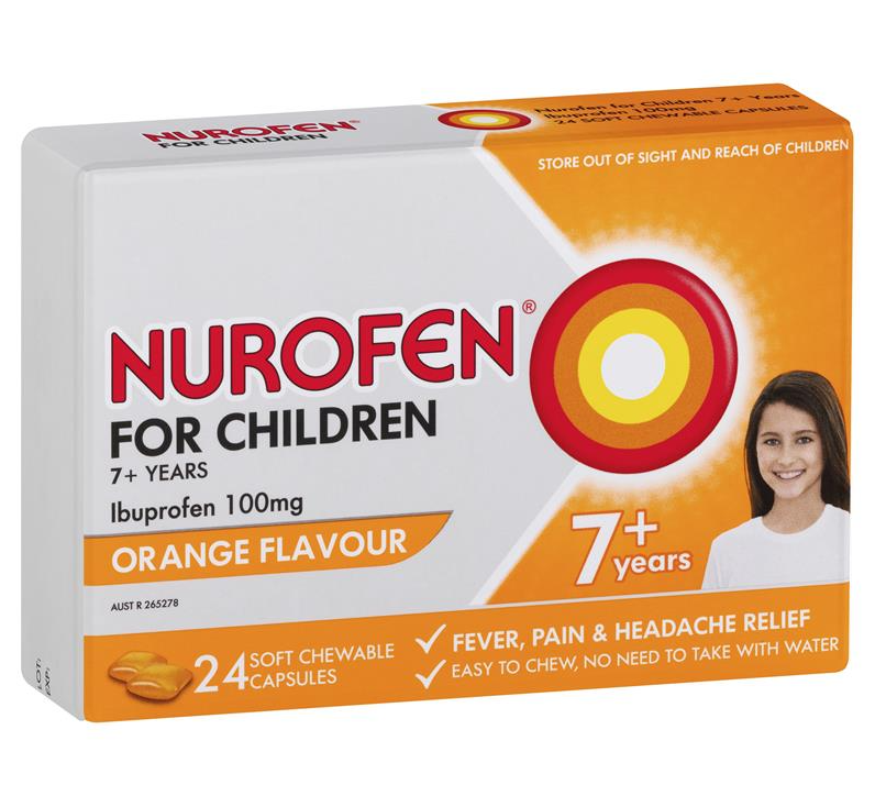 Nurofen For Children 7+ Pain and Fever Relief Chewable Capsules 100mg Ibuprofen Orange 24 pack