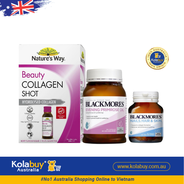[Special Set] Chăm sóc sức khỏe phái đẹp Tinh dầu Hoa anh thảo Blackmores & Hỗ trợ Da, Móng, Tóc Blackmores & Collagen Shot 10 x 50ml Nature's Way (Discount đến 30%)