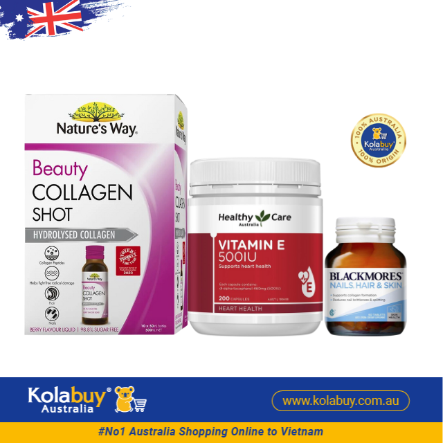 [Special Set] Chăm sóc sức khỏe phái đẹp Hỗ trợ Da, Móng, Tóc Blackmores & Vitamin E Healthy Care & Collagen Shot 10 x 50ml Nature's Way (Discount đến 30%)
