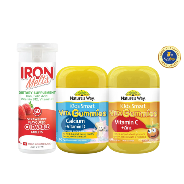 [Special Set] Phát triển toàn diện cho bé của Úc Sắt Iron melts & Kẹo Gummies Vitamin C + Kẽm & Kẹo Gummies Canxi của Nature's Way(Discount đến 30%)