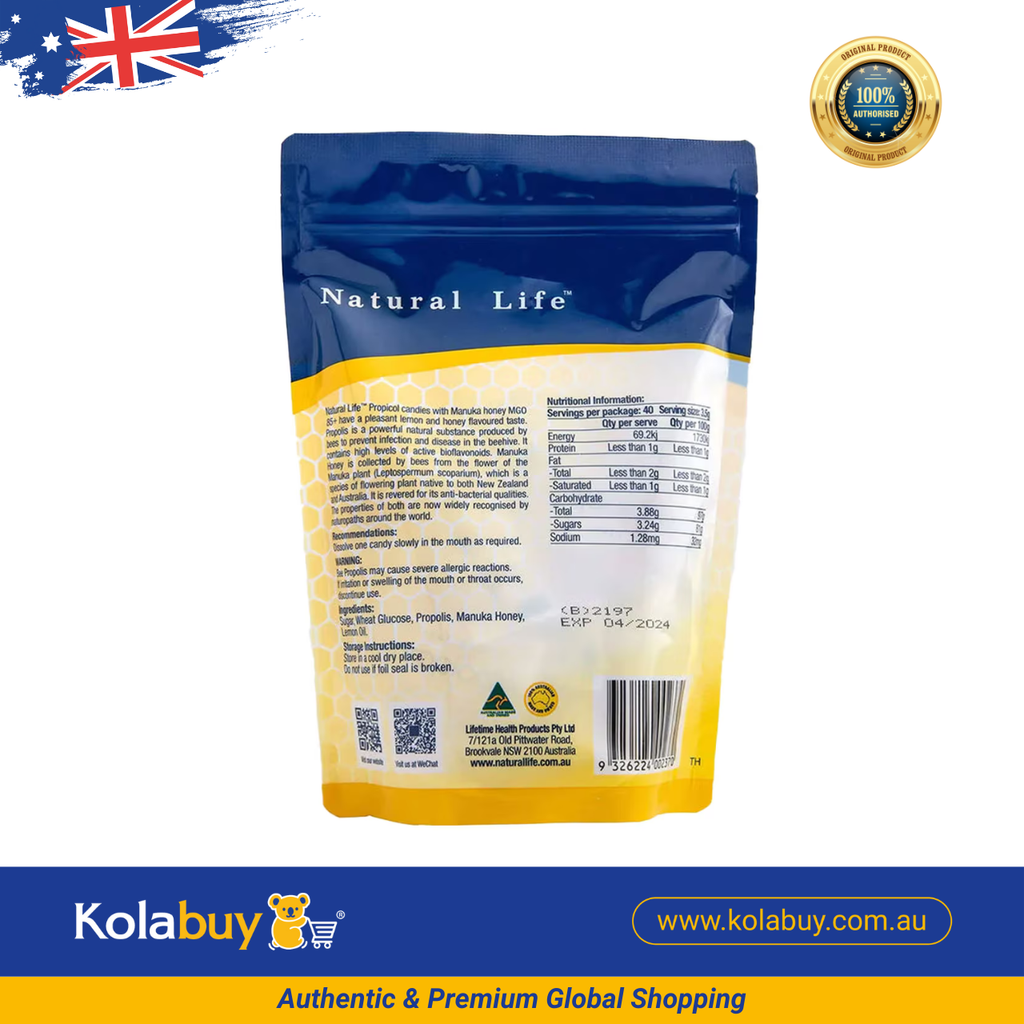 Kẹo ngậm keo ong Natural Life Úc vị chanh mật ong Lemon & Honey 40 viên