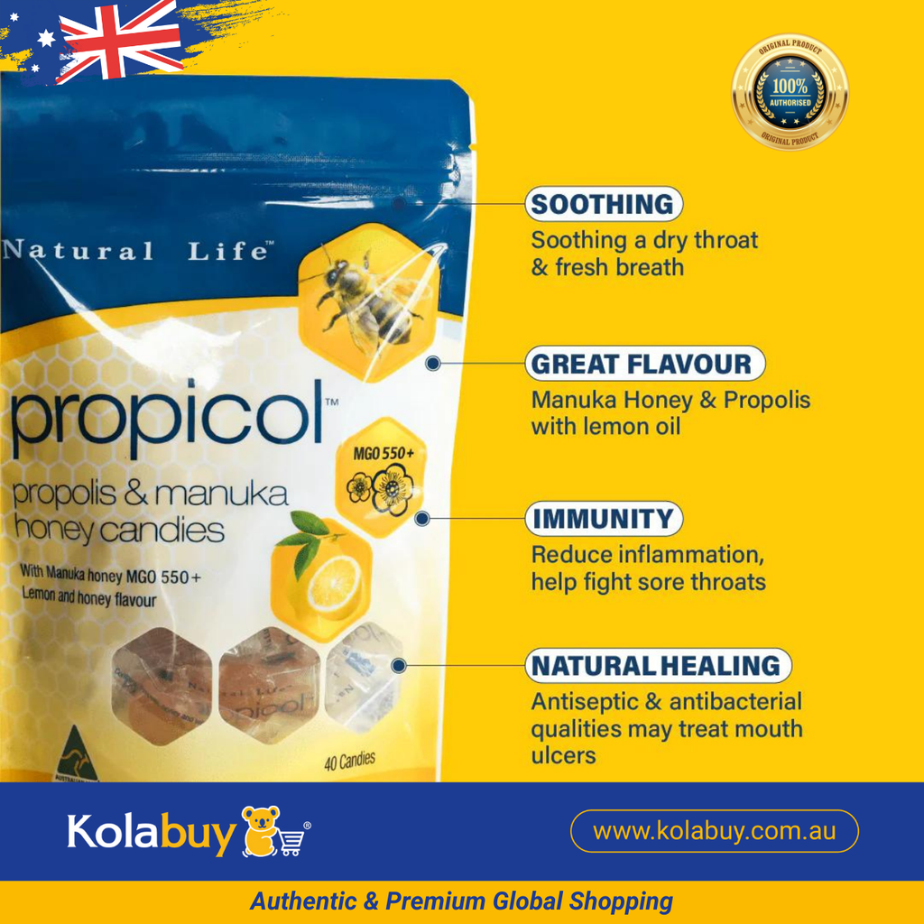 Kẹo ngậm keo ong Natural Life Úc vị chanh mật ong Lemon & Honey 40 viên