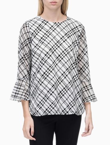 FLOCKED PLAID FLARE SLEEVE BLOUSE