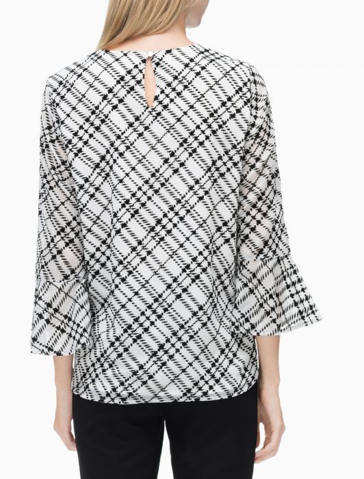FLOCKED PLAID FLARE SLEEVE BLOUSE