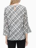 FLOCKED PLAID FLARE SLEEVE BLOUSE