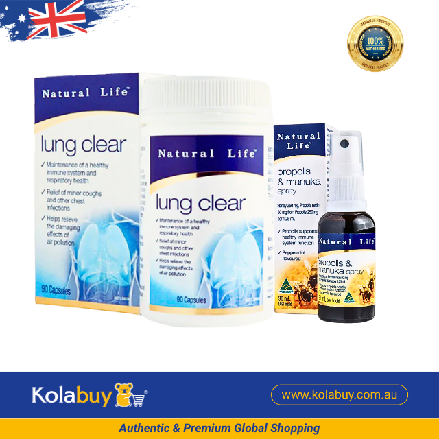 [Special Set] Tăng cường đề kháng Natural Life Úc Xịt họng keo ong 30ml & Lung clear 90v (Discount đến 30%)
