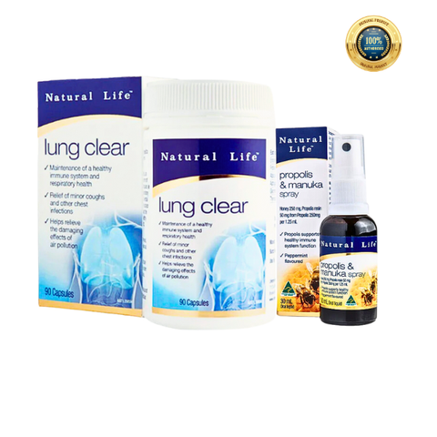 [Special Set] Tăng cường đề kháng Natural Life Úc Xịt họng keo ong 30ml & Lung clear 90v (Discount đến 30%)
