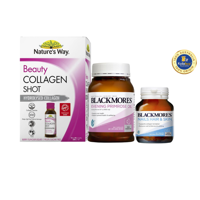 [Special Set] Chăm sóc sức khỏe phái đẹp Tinh dầu Hoa anh thảo Blackmores & Hỗ trợ Da, Móng, Tóc Blackmores & Collagen Shot 10 x 50ml Nature's Way (Discount đến 30%)