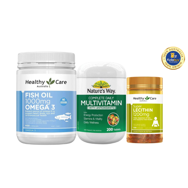 [Special Set] Tăng cường sức khỏe của Úc Mầm đậu nành Lecithin & Dầu cá Omega 3 Healthy Care & Vitamin tổng hợp Nature's Way (Discount đến 30%)
