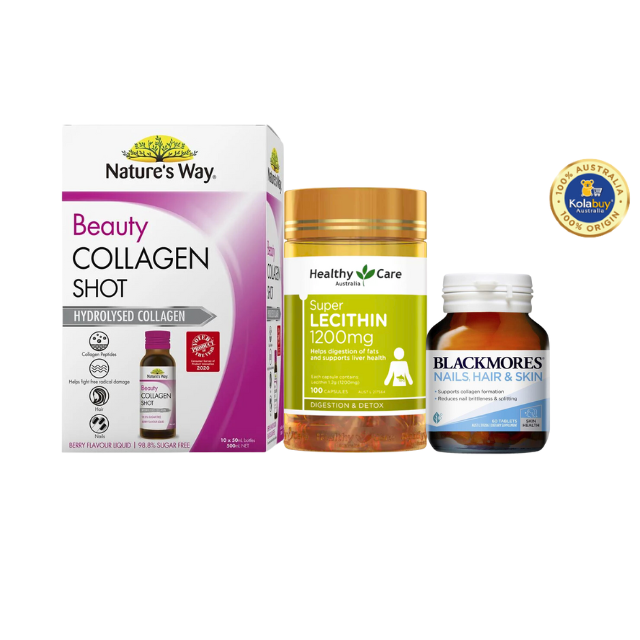[Special Set] Chăm sóc sức khỏe phái đẹp Mầm đậu nành Lecithin Healthy Care & Hỗ trợ Da, Móng, Tóc Blackmores & Collagen Shot 10 x 50ml Nature's Way (Discount đến 30%)