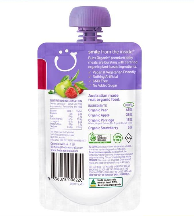 Bột Ăn Dặm Bubs Organic Strawberry Pear & Quinoa 6 Months+ 120g