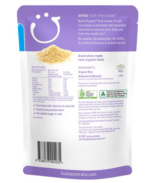 Bột ăn dặm Bubs Organic Baby Rice Cereal 125g